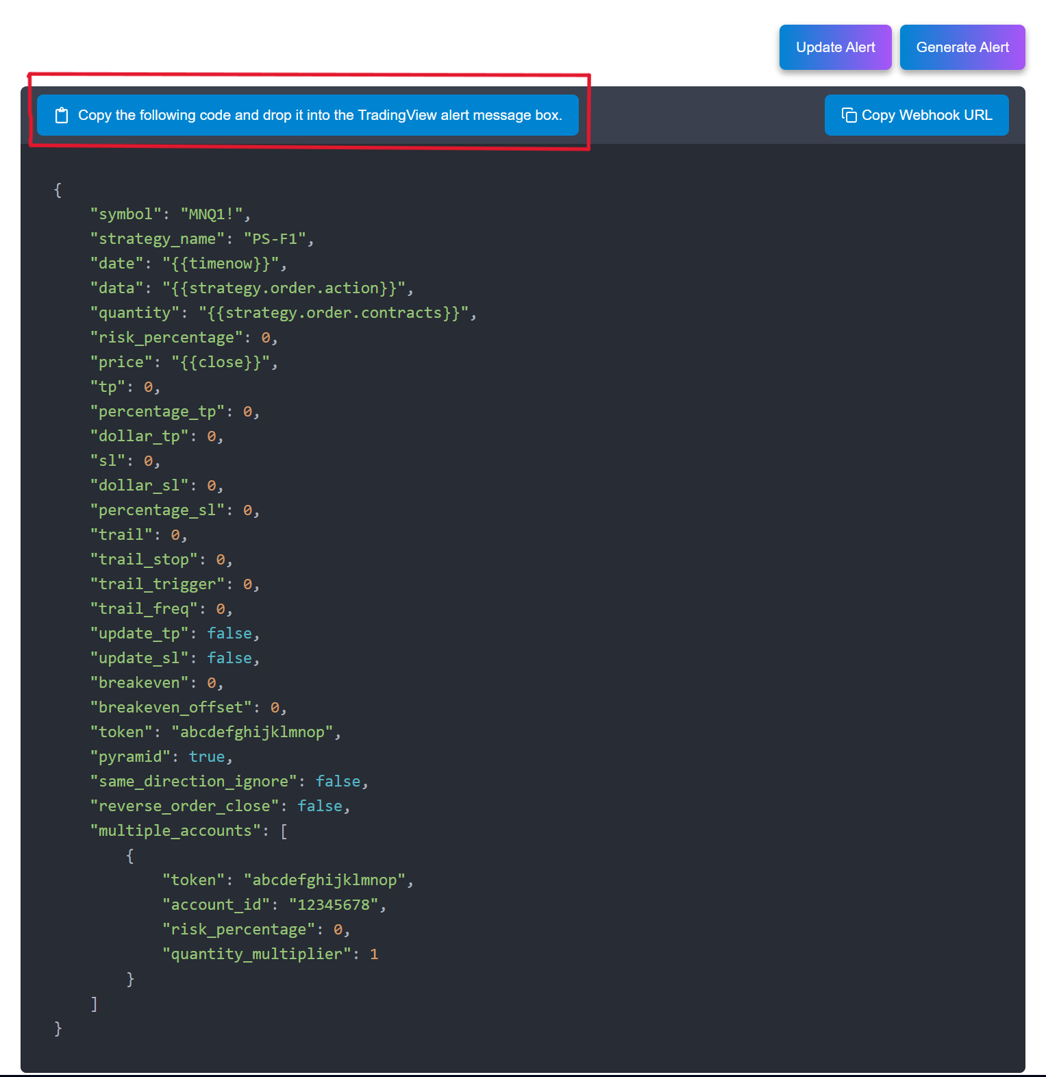 PickMyTrade showing the generated JSON alert message with its copy button