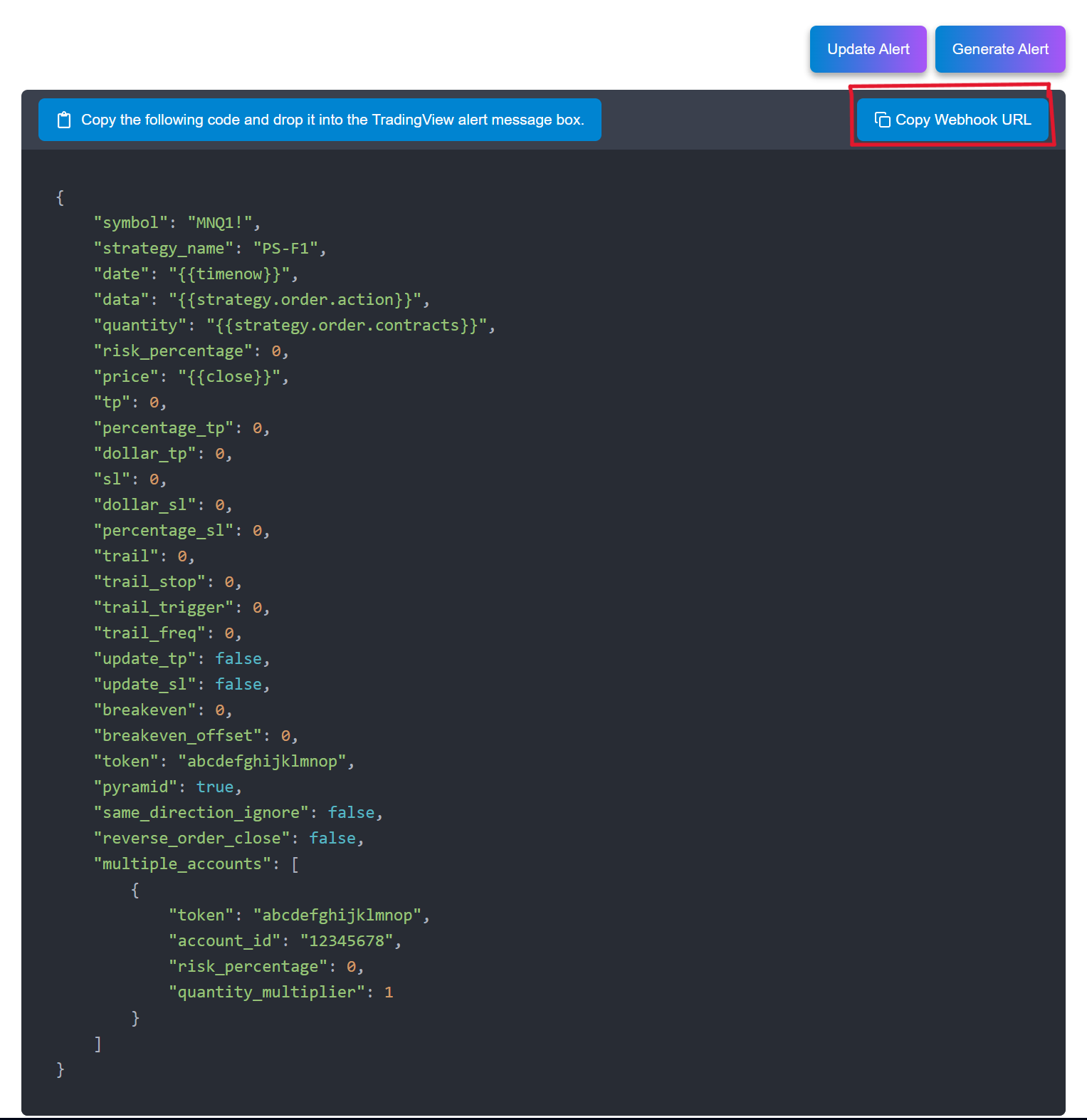 PickMyTrade showing the webhook URL field with its copy button