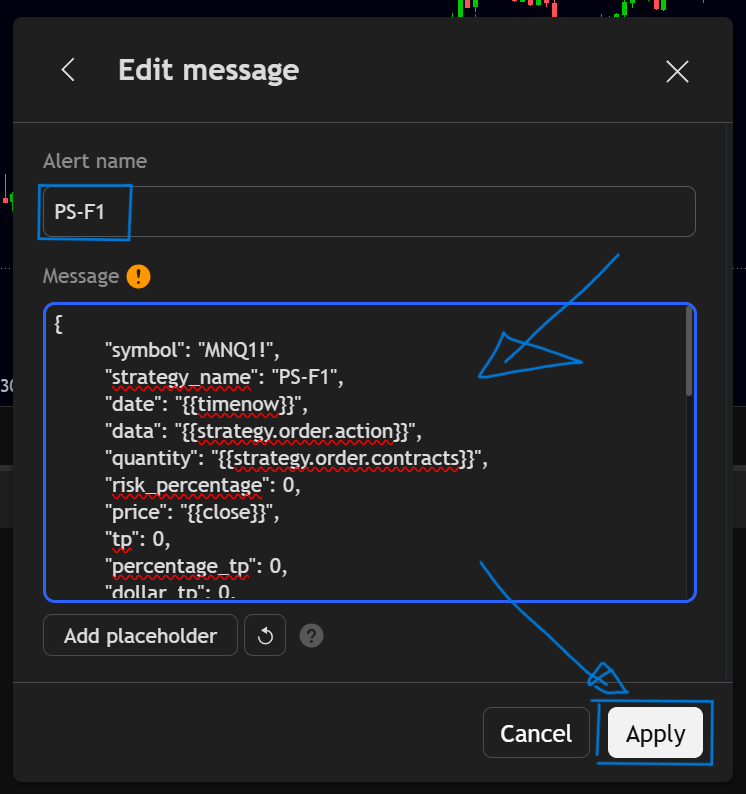TradingView alert Message box with the bridge's JSON pasted in