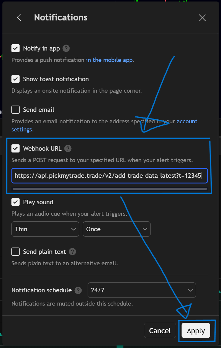 TradingView alert Notifications tab with Webhook URL enabled and the bridge URL pasted in