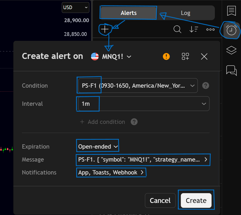 TradingView Create Alert dialog with the Condition set to the PS-F1 strategy