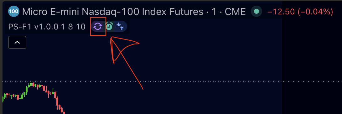 TradingView chart legend showing the PS-F1 strategy with the purple update badge next to its name, highlighted in red